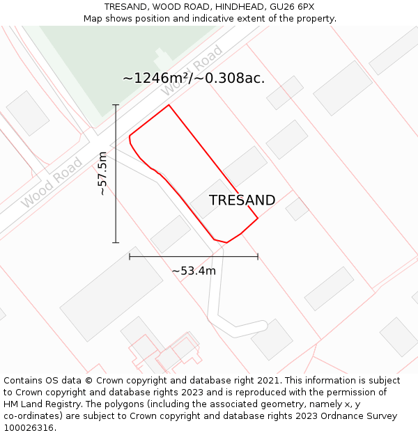 TRESAND, WOOD ROAD, HINDHEAD, GU26 6PX: Plot and title map