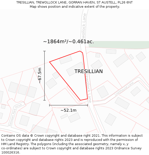 TRESILLIAN, TREWOLLOCK LANE, GORRAN HAVEN, ST AUSTELL, PL26 6NT: Plot and title map