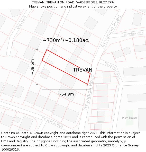 TREVAN, TREVANION ROAD, WADEBRIDGE, PL27 7PA: Plot and title map
