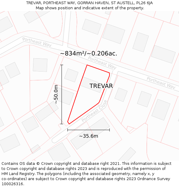 TREVAR, PORTHEAST WAY, GORRAN HAVEN, ST AUSTELL, PL26 6JA: Plot and title map