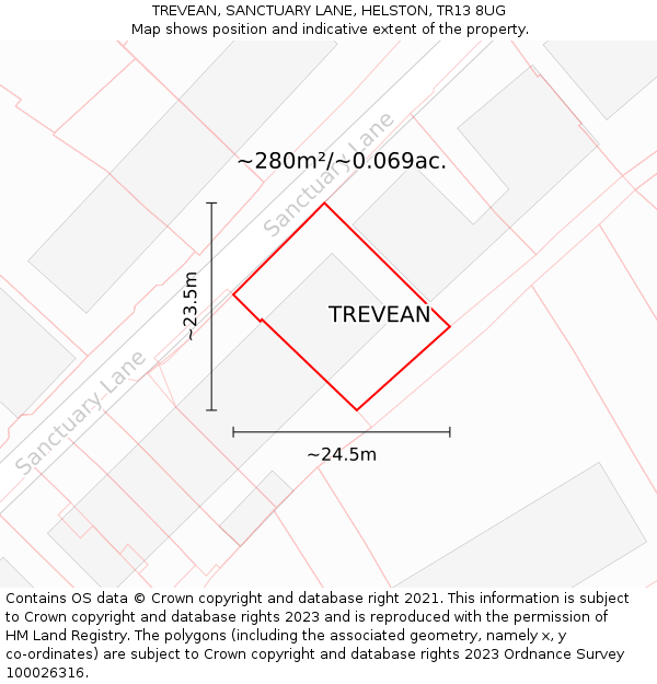 TREVEAN, SANCTUARY LANE, HELSTON, TR13 8UG: Plot and title map