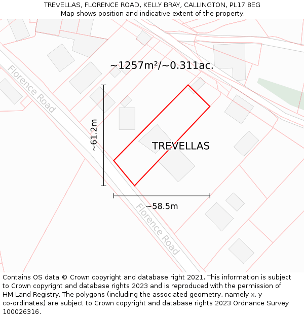 TREVELLAS, FLORENCE ROAD, KELLY BRAY, CALLINGTON, PL17 8EG: Plot and title map