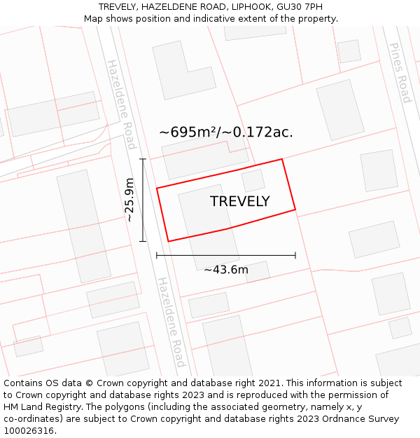 TREVELY, HAZELDENE ROAD, LIPHOOK, GU30 7PH: Plot and title map