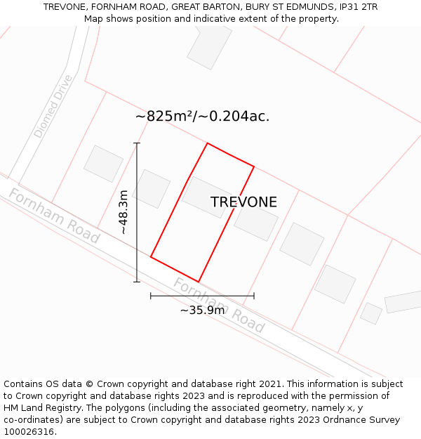TREVONE, FORNHAM ROAD, GREAT BARTON, BURY ST EDMUNDS, IP31 2TR: Plot and title map