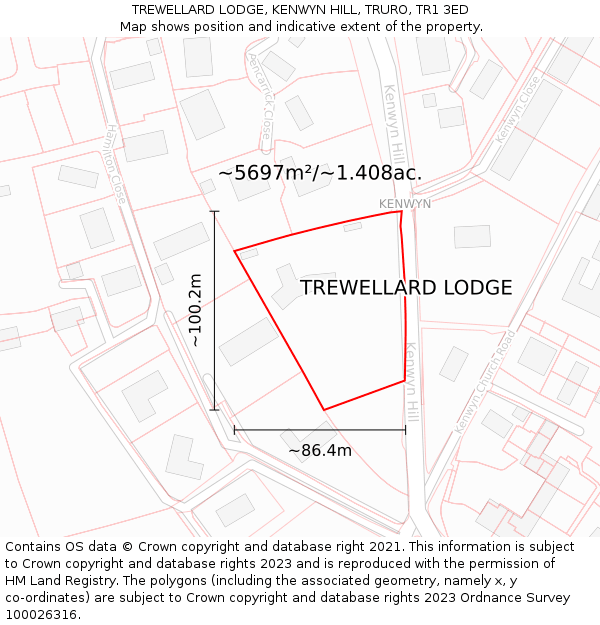 TREWELLARD LODGE, KENWYN HILL, TRURO, TR1 3ED: Plot and title map