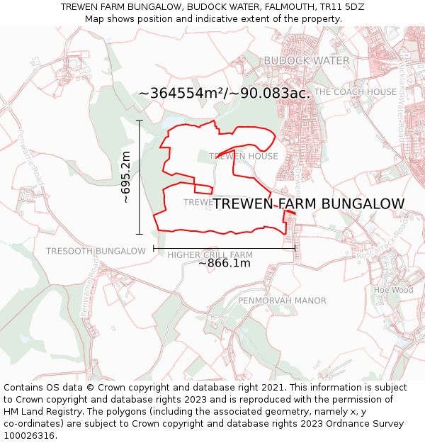 TREWEN FARM BUNGALOW, BUDOCK WATER, FALMOUTH, TR11 5DZ: Plot and title map