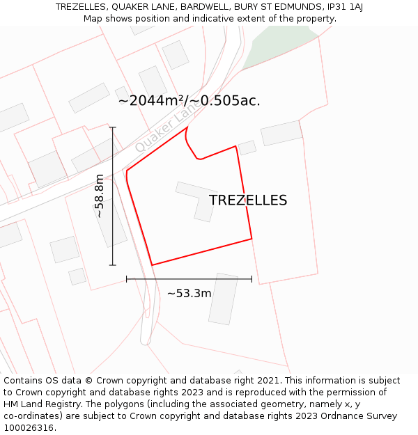 TREZELLES, QUAKER LANE, BARDWELL, BURY ST EDMUNDS, IP31 1AJ: Plot and title map