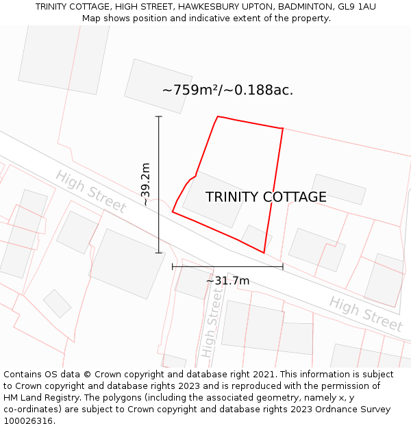 TRINITY COTTAGE, HIGH STREET, HAWKESBURY UPTON, BADMINTON, GL9 1AU: Plot and title map