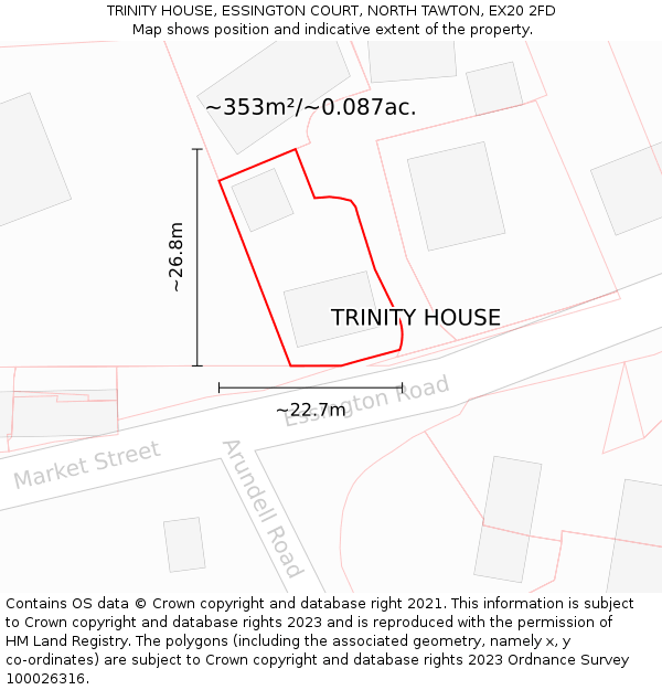 TRINITY HOUSE, ESSINGTON COURT, NORTH TAWTON, EX20 2FD: Plot and title map
