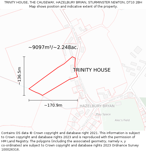 TRINITY HOUSE, THE CAUSEWAY, HAZELBURY BRYAN, STURMINSTER NEWTON, DT10 2BH: Plot and title map