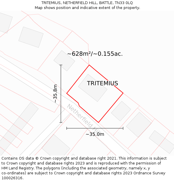 TRITEMIUS, NETHERFIELD HILL, BATTLE, TN33 0LQ: Plot and title map