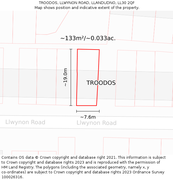 TROODOS, LLWYNON ROAD, LLANDUDNO, LL30 2QF: Plot and title map