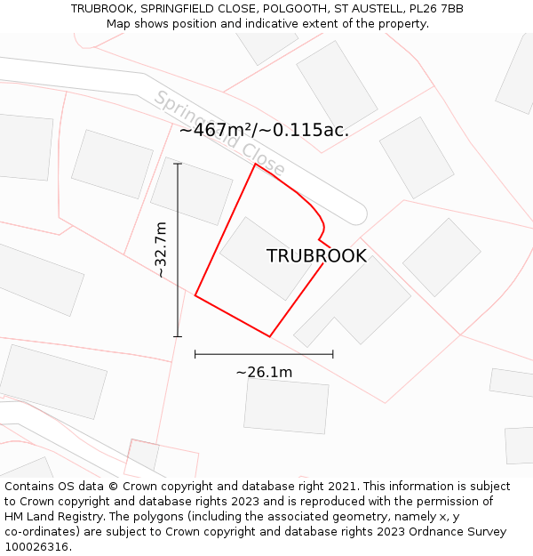 TRUBROOK, SPRINGFIELD CLOSE, POLGOOTH, ST AUSTELL, PL26 7BB: Plot and title map