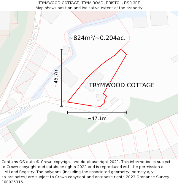 TRYMWOOD COTTAGE, TRYM ROAD, BRISTOL, BS9 3ET: Plot and title map