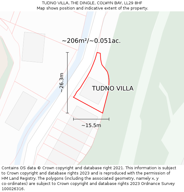 TUDNO VILLA, THE DINGLE, COLWYN BAY, LL29 8HF: Plot and title map