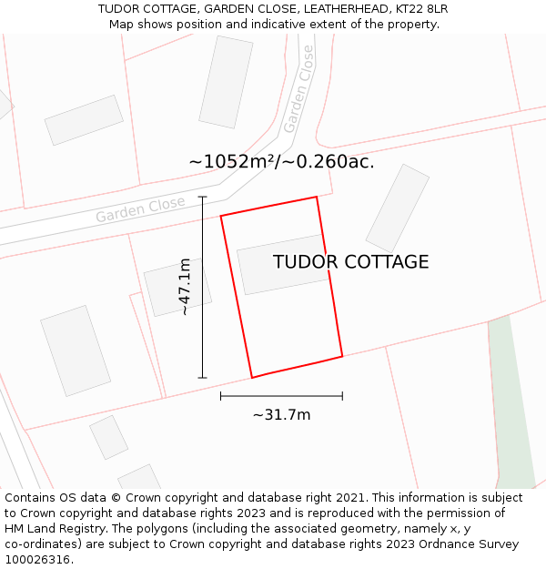 TUDOR COTTAGE, GARDEN CLOSE, LEATHERHEAD, KT22 8LR: Plot and title map