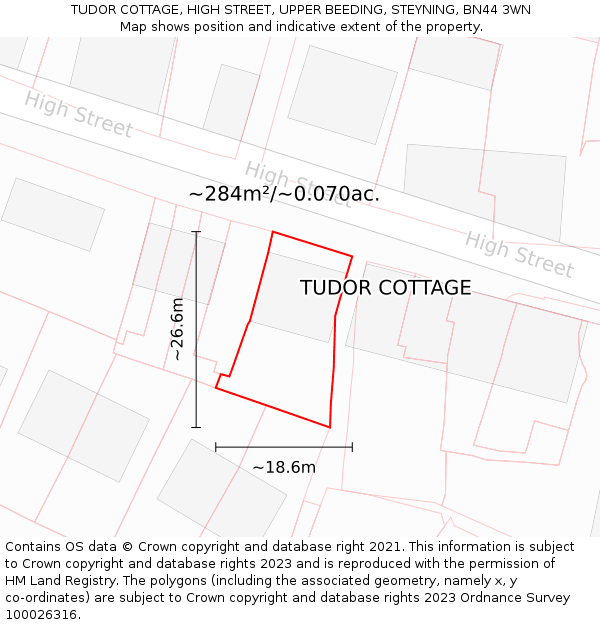 TUDOR COTTAGE, HIGH STREET, UPPER BEEDING, STEYNING, BN44 3WN: Plot and title map