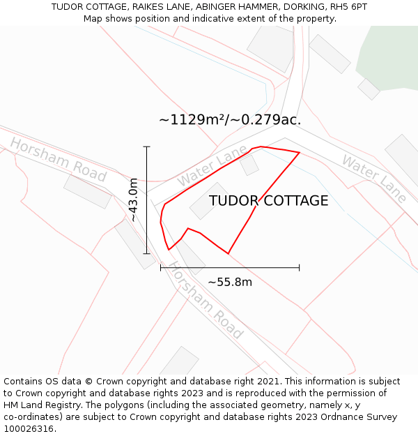 TUDOR COTTAGE, RAIKES LANE, ABINGER HAMMER, DORKING, RH5 6PT: Plot and title map