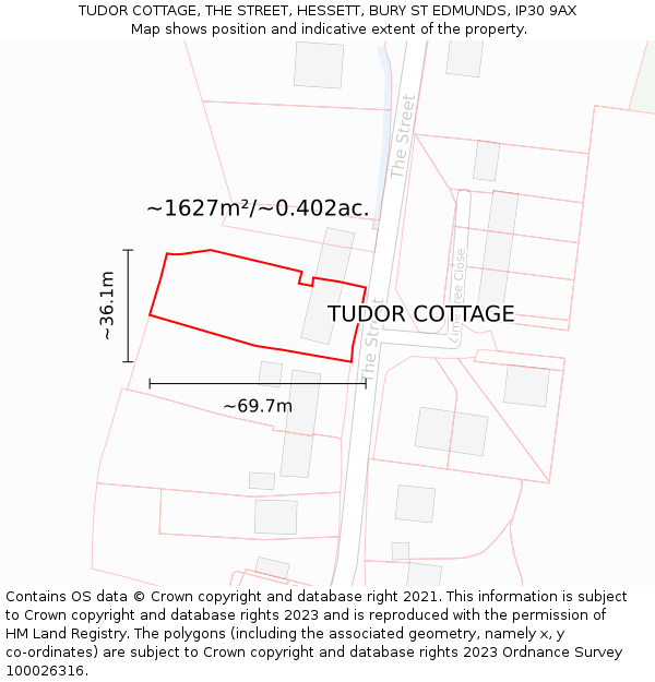 TUDOR COTTAGE, THE STREET, HESSETT, BURY ST EDMUNDS, IP30 9AX: Plot and title map