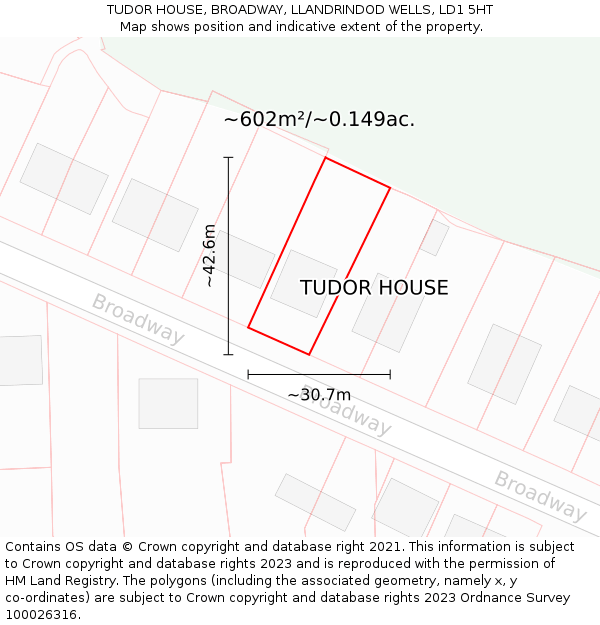 TUDOR HOUSE, BROADWAY, LLANDRINDOD WELLS, LD1 5HT: Plot and title map