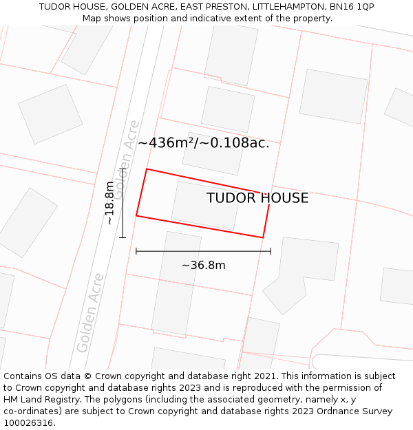 TUDOR HOUSE, GOLDEN ACRE, EAST PRESTON, LITTLEHAMPTON, BN16 1QP: Plot and title map
