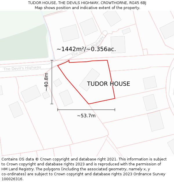 TUDOR HOUSE, THE DEVILS HIGHWAY, CROWTHORNE, RG45 6BJ: Plot and title map