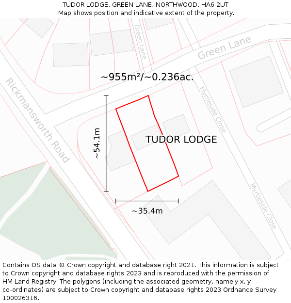 TUDOR LODGE, GREEN LANE, NORTHWOOD, HA6 2UT: Plot and title map