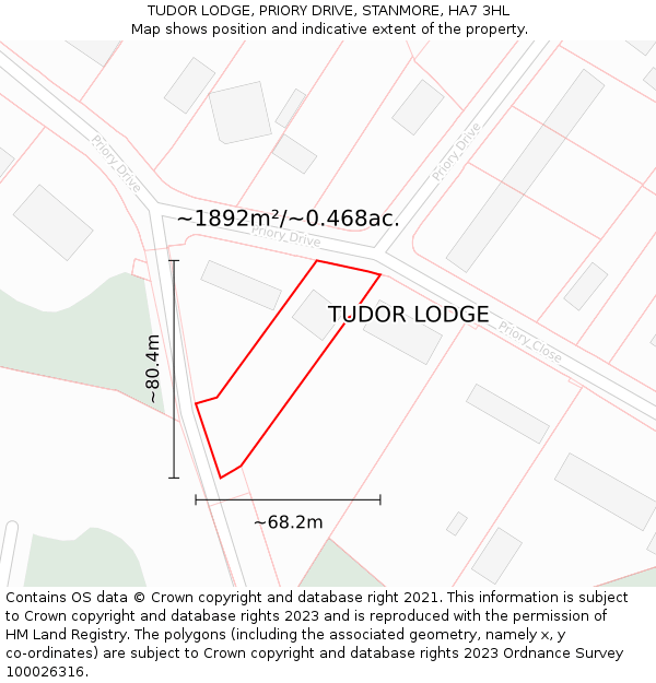TUDOR LODGE, PRIORY DRIVE, STANMORE, HA7 3HL: Plot and title map
