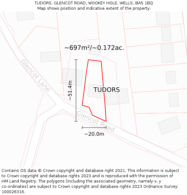 TUDORS, GLENCOT ROAD, WOOKEY HOLE, WELLS, BA5 1BQ: Plot and title map