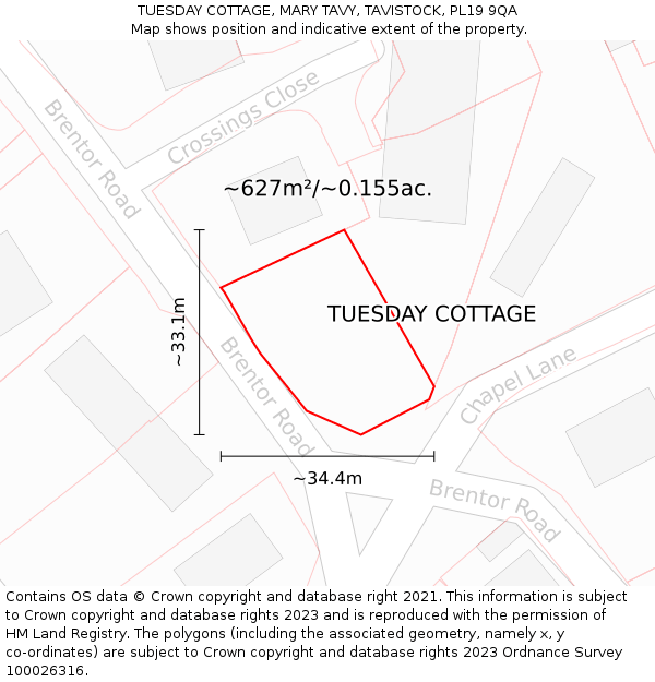 TUESDAY COTTAGE, MARY TAVY, TAVISTOCK, PL19 9QA: Plot and title map