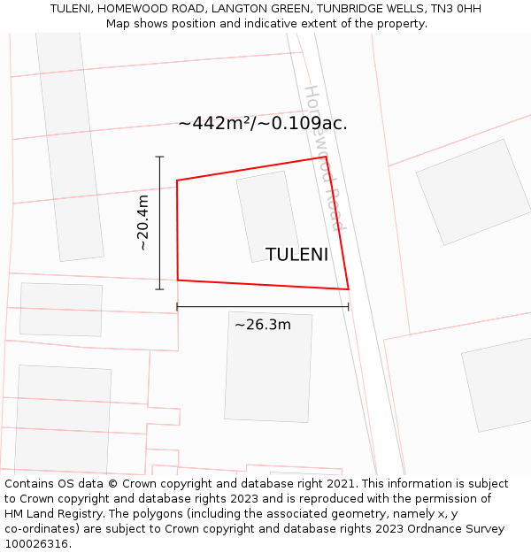 TULENI, HOMEWOOD ROAD, LANGTON GREEN, TUNBRIDGE WELLS, TN3 0HH: Plot and title map
