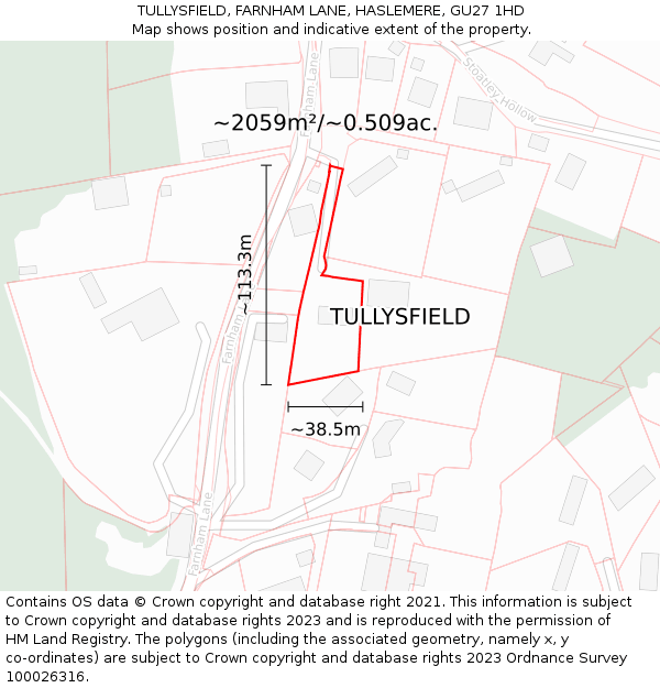 TULLYSFIELD, FARNHAM LANE, HASLEMERE, GU27 1HD: Plot and title map