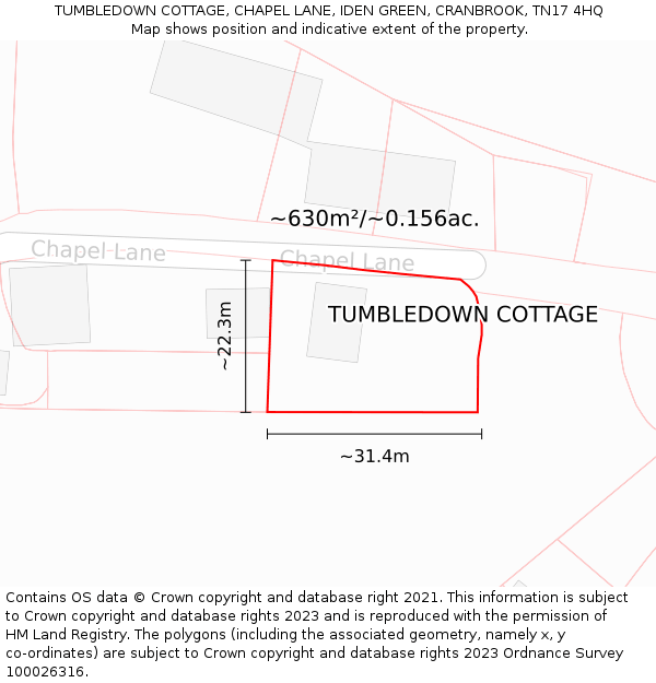 TUMBLEDOWN COTTAGE, CHAPEL LANE, IDEN GREEN, CRANBROOK, TN17 4HQ: Plot and title map