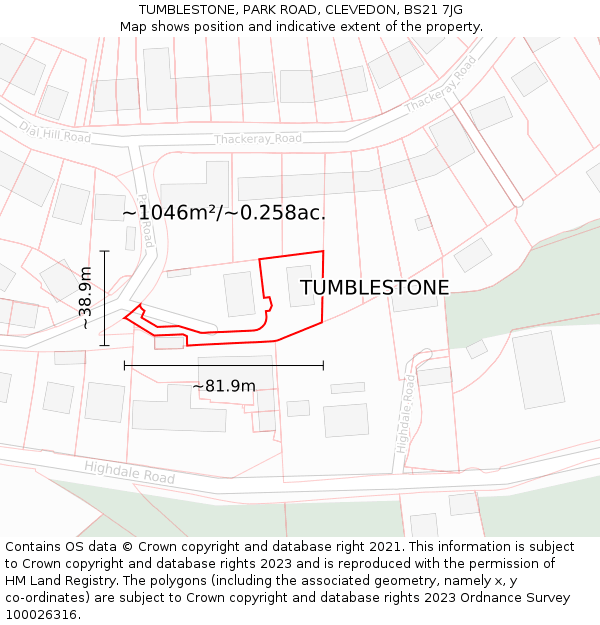 TUMBLESTONE, PARK ROAD, CLEVEDON, BS21 7JG: Plot and title map