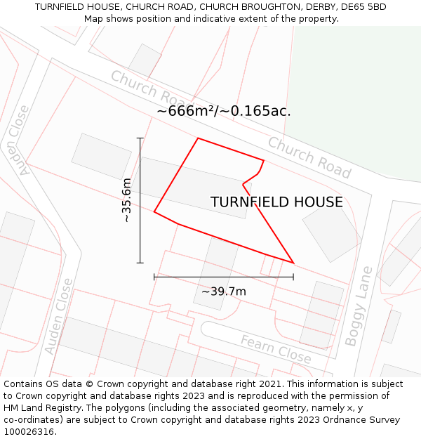 TURNFIELD HOUSE, CHURCH ROAD, CHURCH BROUGHTON, DERBY, DE65 5BD: Plot and title map