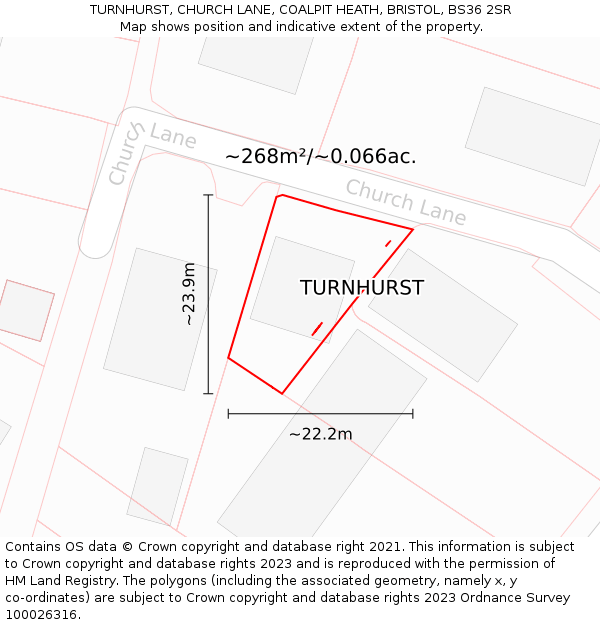 TURNHURST, CHURCH LANE, COALPIT HEATH, BRISTOL, BS36 2SR: Plot and title map