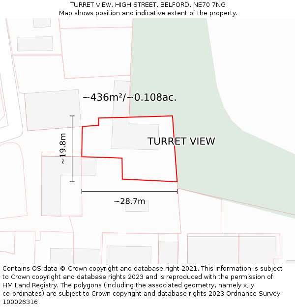 TURRET VIEW, HIGH STREET, BELFORD, NE70 7NG: Plot and title map