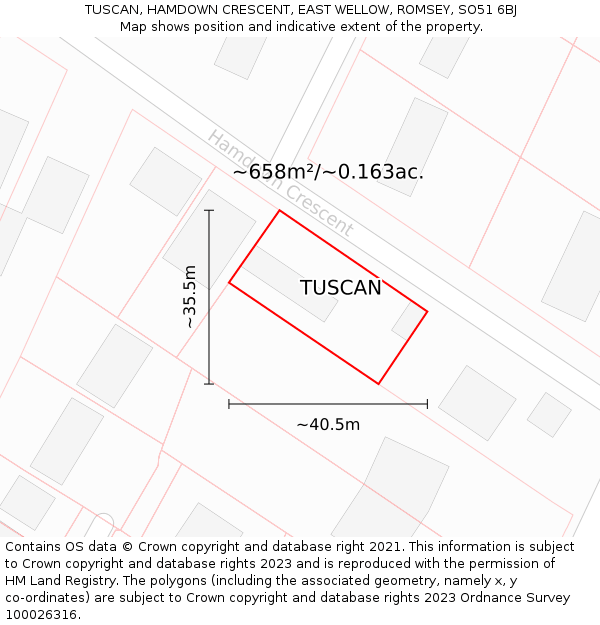 TUSCAN, HAMDOWN CRESCENT, EAST WELLOW, ROMSEY, SO51 6BJ: Plot and title map