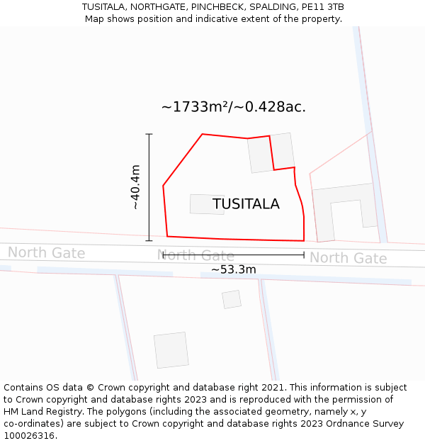 TUSITALA, NORTHGATE, PINCHBECK, SPALDING, PE11 3TB: Plot and title map