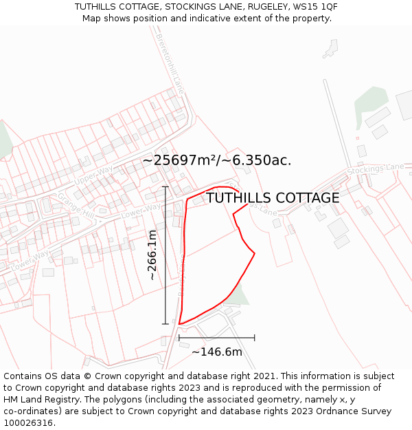 TUTHILLS COTTAGE, STOCKINGS LANE, RUGELEY, WS15 1QF: Plot and title map