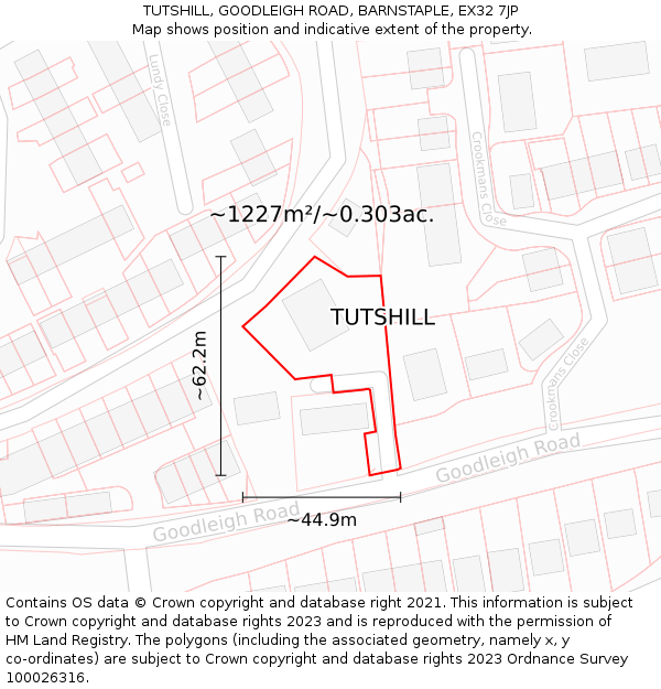 TUTSHILL, GOODLEIGH ROAD, BARNSTAPLE, EX32 7JP: Plot and title map