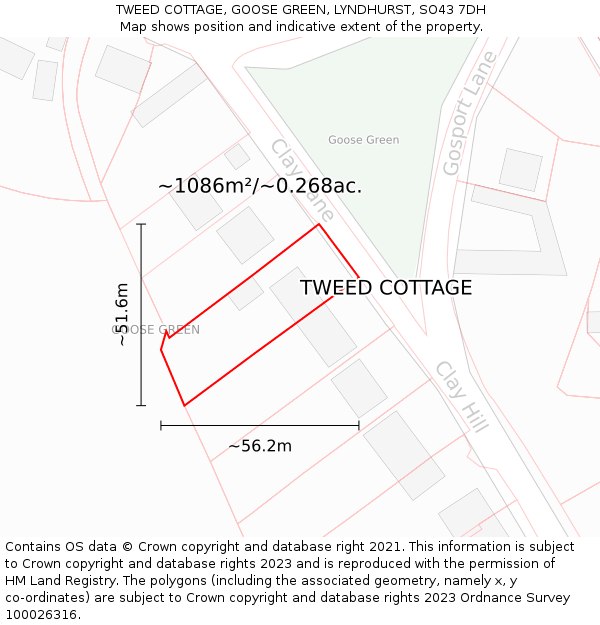 TWEED COTTAGE, GOOSE GREEN, LYNDHURST, SO43 7DH: Plot and title map