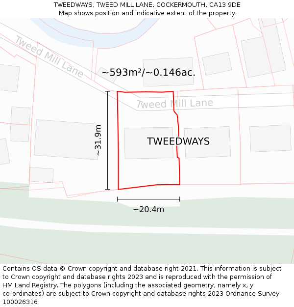 TWEEDWAYS, TWEED MILL LANE, COCKERMOUTH, CA13 9DE: Plot and title map
