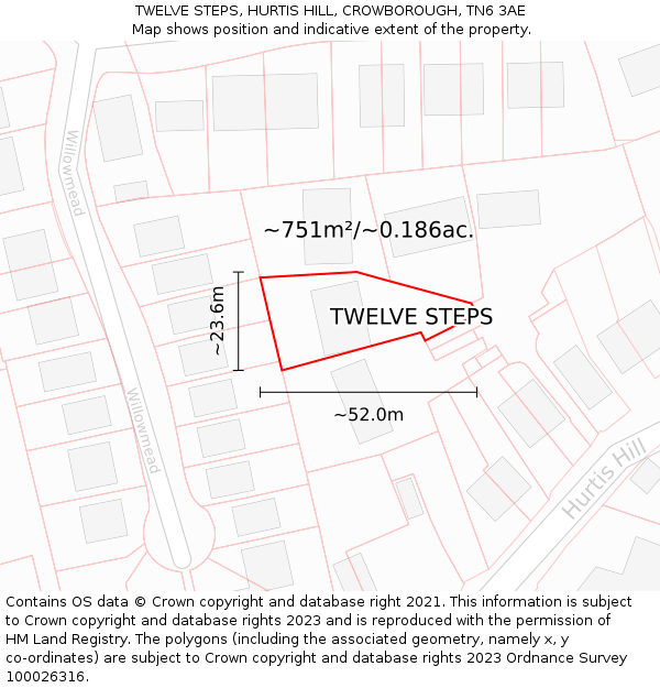 TWELVE STEPS, HURTIS HILL, CROWBOROUGH, TN6 3AE: Plot and title map