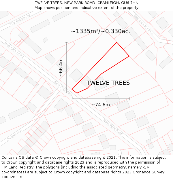 TWELVE TREES, NEW PARK ROAD, CRANLEIGH, GU6 7HN: Plot and title map