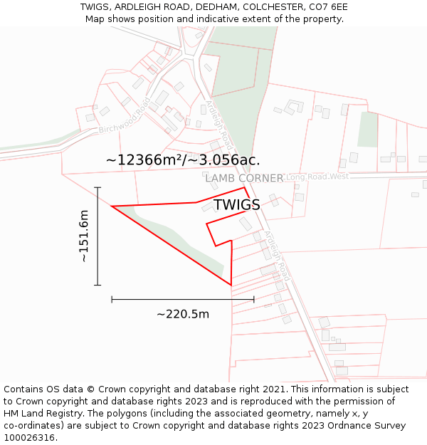 TWIGS, ARDLEIGH ROAD, DEDHAM, COLCHESTER, CO7 6EE: Plot and title map