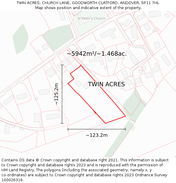 TWIN ACRES, CHURCH LANE, GOODWORTH CLATFORD, ANDOVER, SP11 7HL: Plot and title map