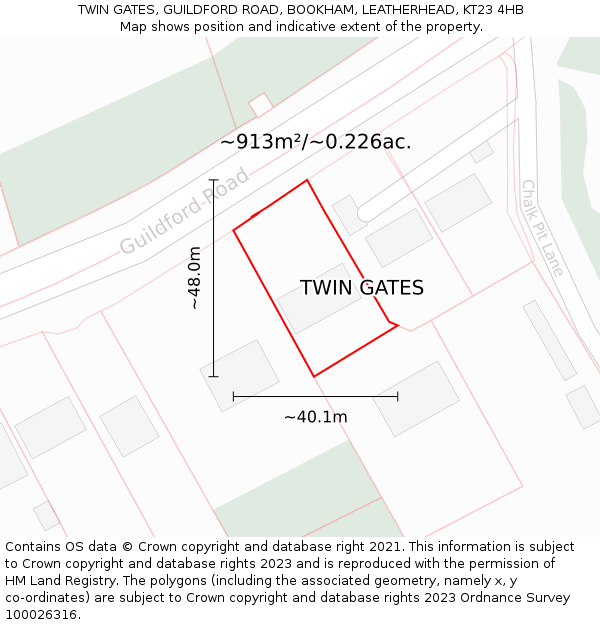 TWIN GATES, GUILDFORD ROAD, BOOKHAM, LEATHERHEAD, KT23 4HB: Plot and title map