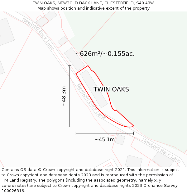 TWIN OAKS, NEWBOLD BACK LANE, CHESTERFIELD, S40 4RW: Plot and title map