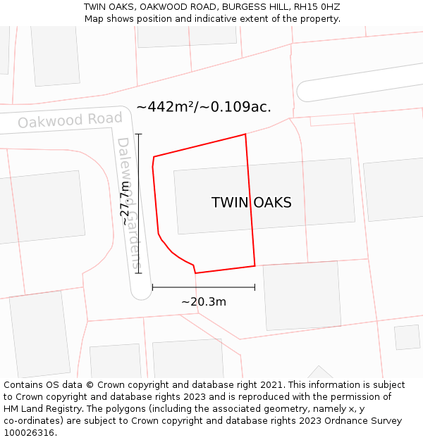 TWIN OAKS, OAKWOOD ROAD, BURGESS HILL, RH15 0HZ: Plot and title map